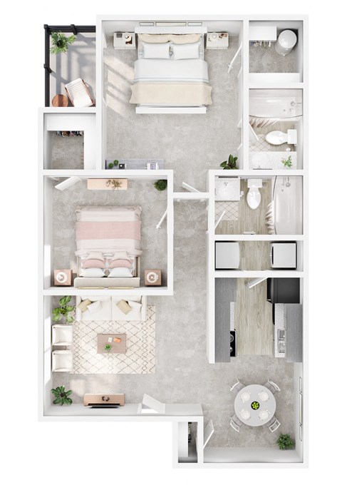 A top-down view of a small apartment with a bedroom, living room, kitchen, and bathroom.